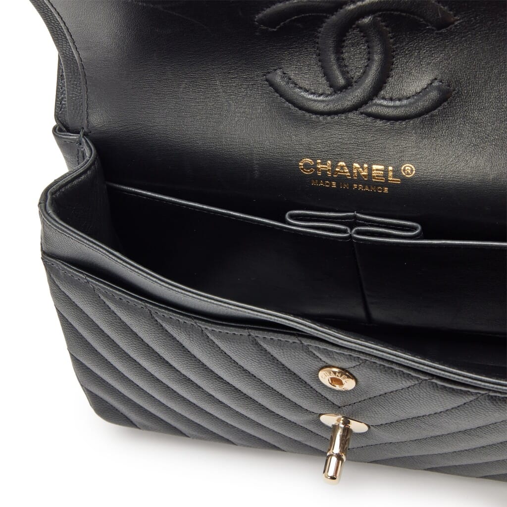 Black Quilted Chevron Caviar Small Double Flap Bag Light Gold Hardware, 2019-2020