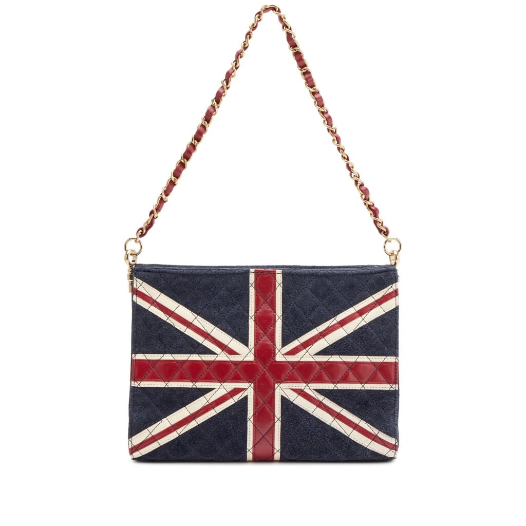 Navy Blue Suede, Burgundy Red and Cream White Lambskin Paris London Union Jack Shoulder Bag Brush Gold Hardware, 2008