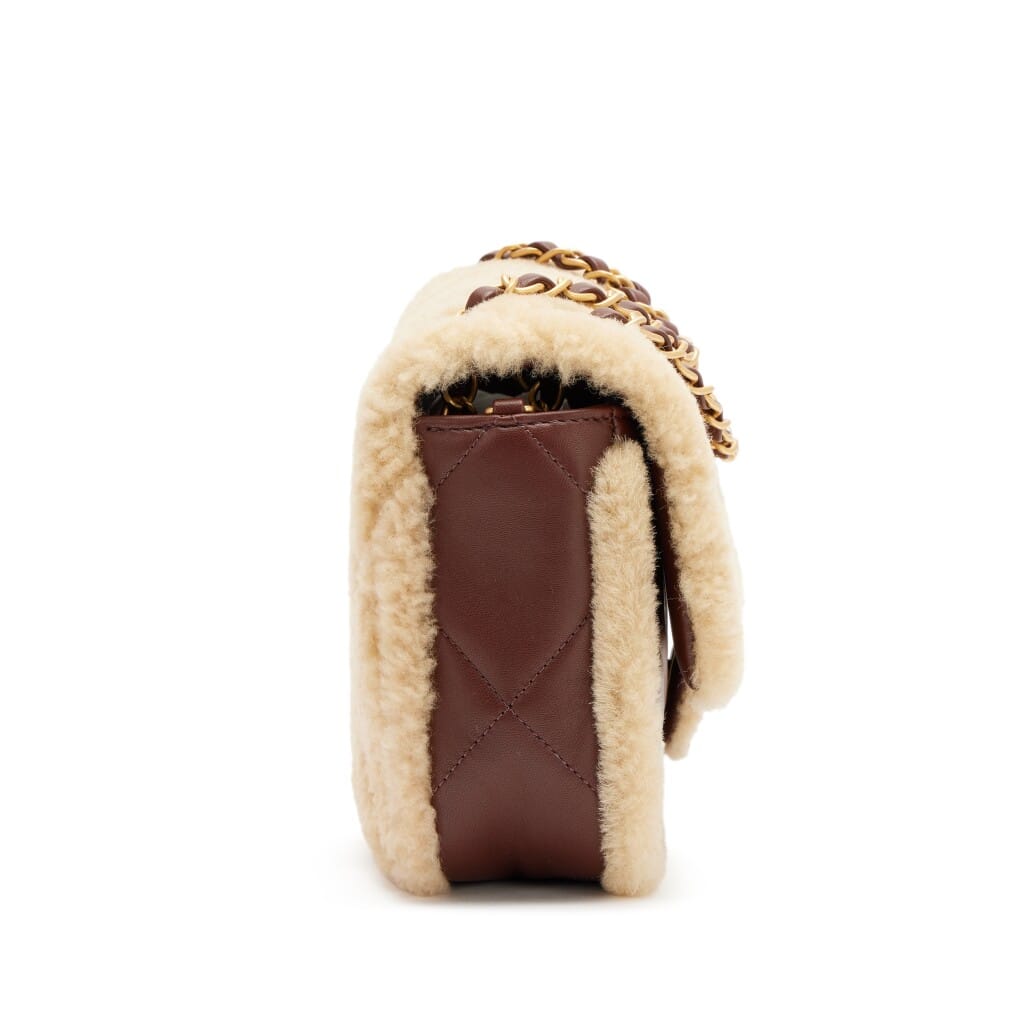Beige Quilted Teddy Shearling and Dark Brown Quilted Lambskin Medium Furry Coco Flap Bag Brushed Gold Hardware, 2024
