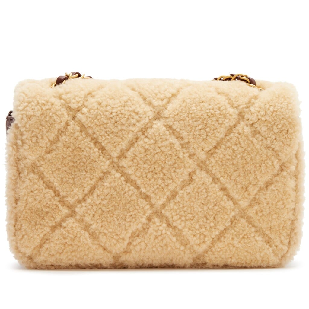 Beige Quilted Teddy Shearling and Dark Brown Quilted Lambskin Medium Furry Coco Flap Bag Brushed Gold Hardware, 2024