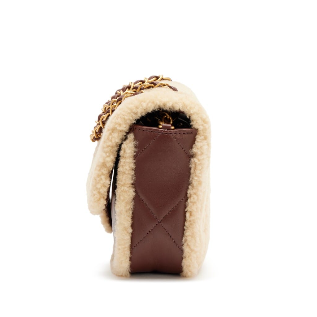 Beige Quilted Teddy Shearling and Dark Brown Quilted Lambskin Medium Furry Coco Flap Bag Brushed Gold Hardware, 2024
