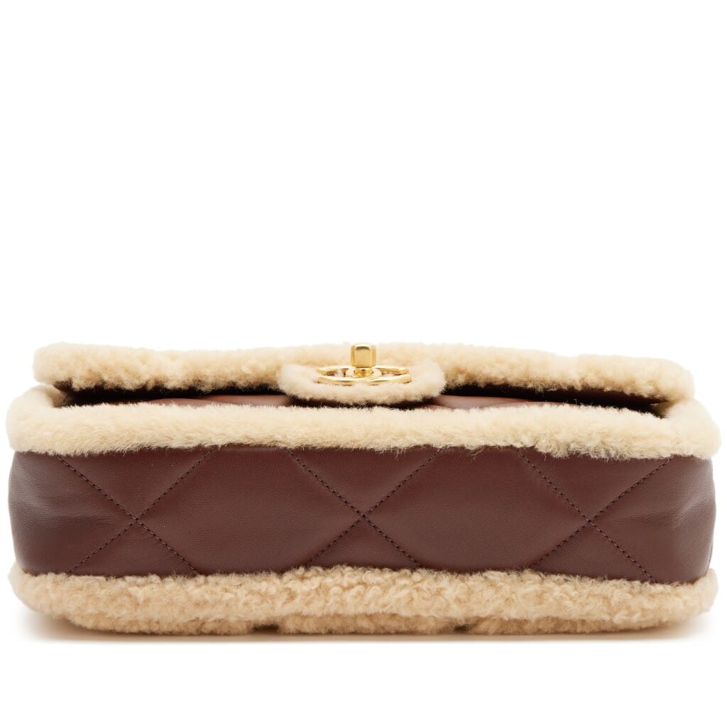 Beige Quilted Teddy Shearling and Dark Brown Quilted Lambskin Medium Furry Coco Flap Bag Brushed Gold Hardware, 2024