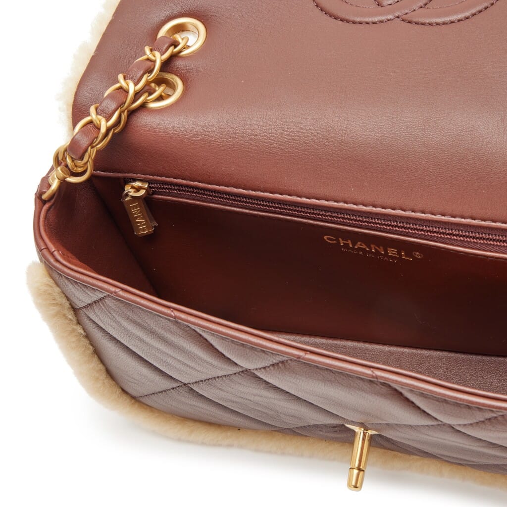 Beige Quilted Teddy Shearling and Dark Brown Quilted Lambskin Medium Furry Coco Flap Bag Brushed Gold Hardware, 2024