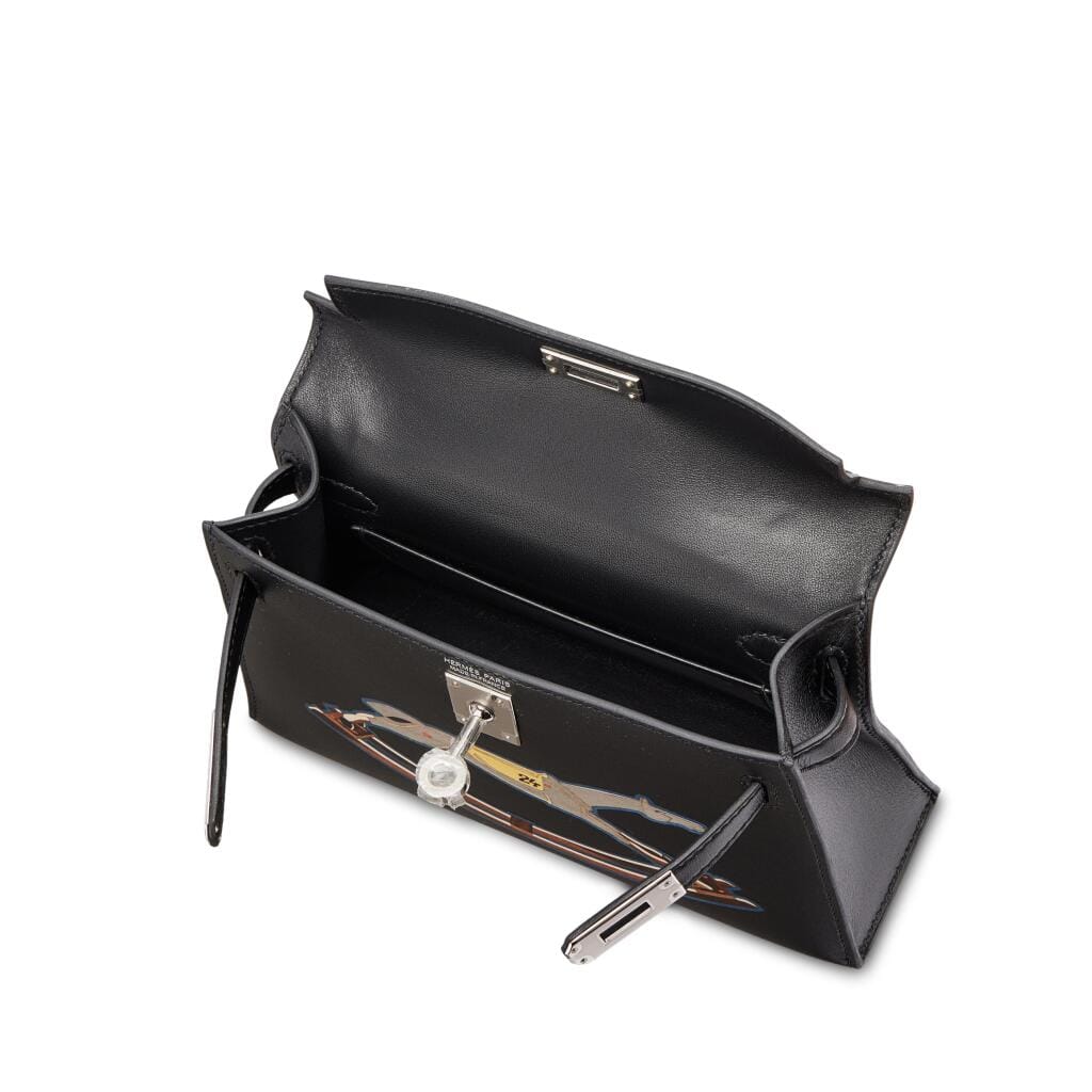 Limited Edition Black Tadelakt and Wood Marquetry Cheval de Bois Mini Kelly II 20 Palladium Hardware, 2024