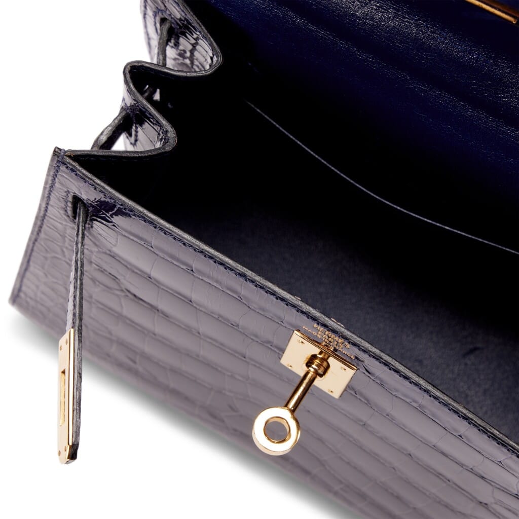 Vintage Bleu Sapphire Shiny alligator Mini Kelly 20 Gold Hardware, 1993