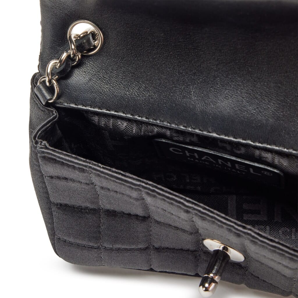 Black Satin Chocolate Bar Lipstick Extra Mini Flap Bag Silver Hardware, 2004