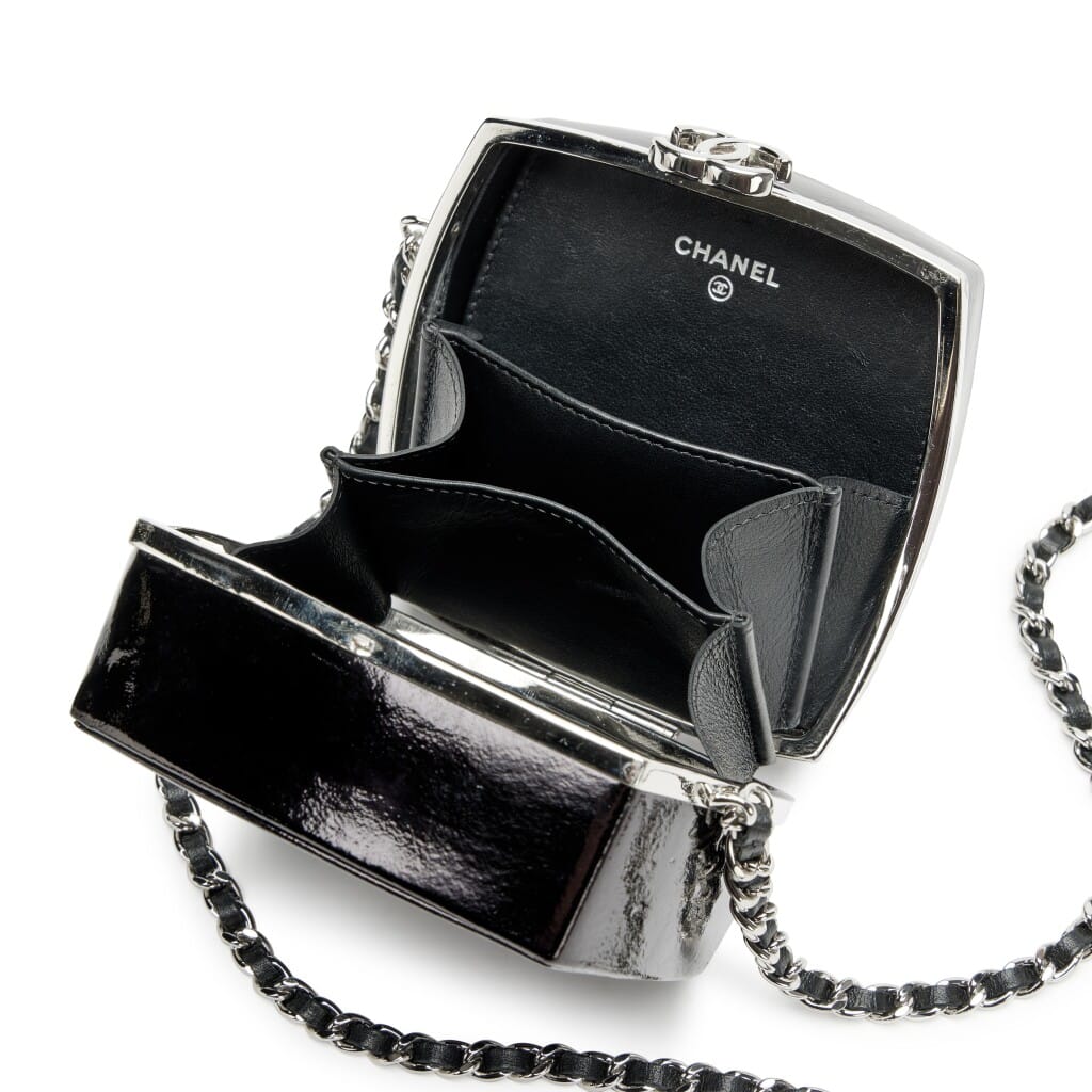 Black Quilted Lambskin and Gold Mirror Makeup Box Clutch with Chain Gold Hardware, 2021