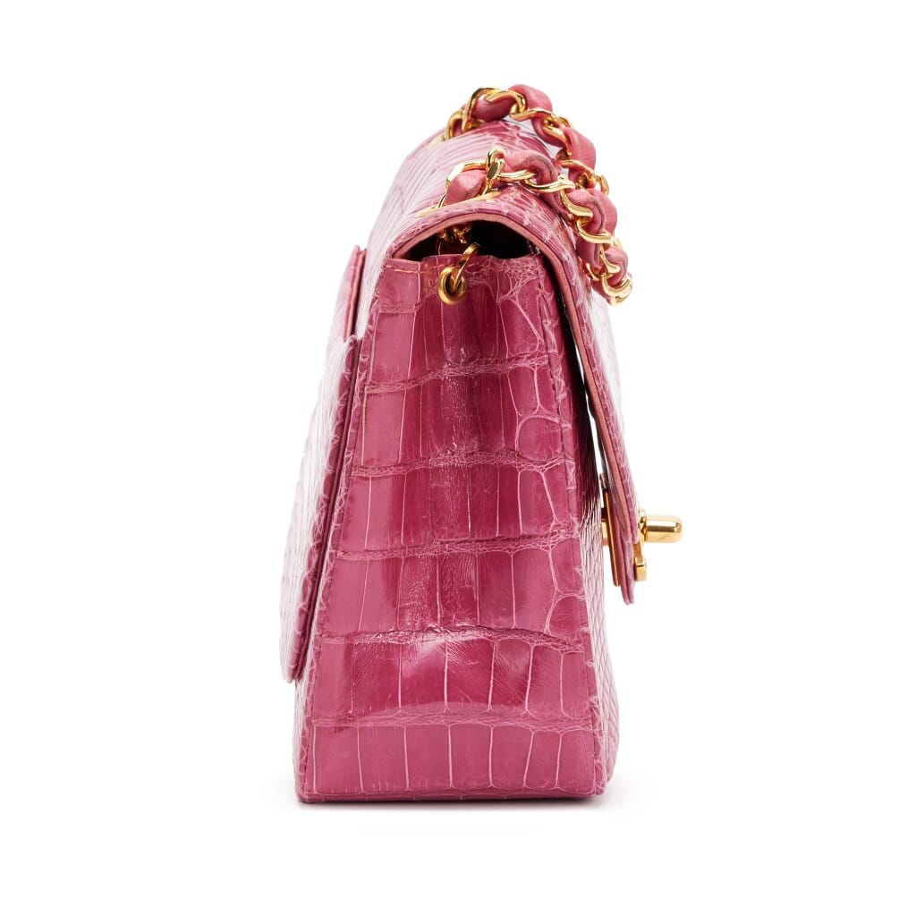 Vintage Berry Pink Shiny Alligator Mini Square Classic Flap Bag Gold Hardware, 1989-1991