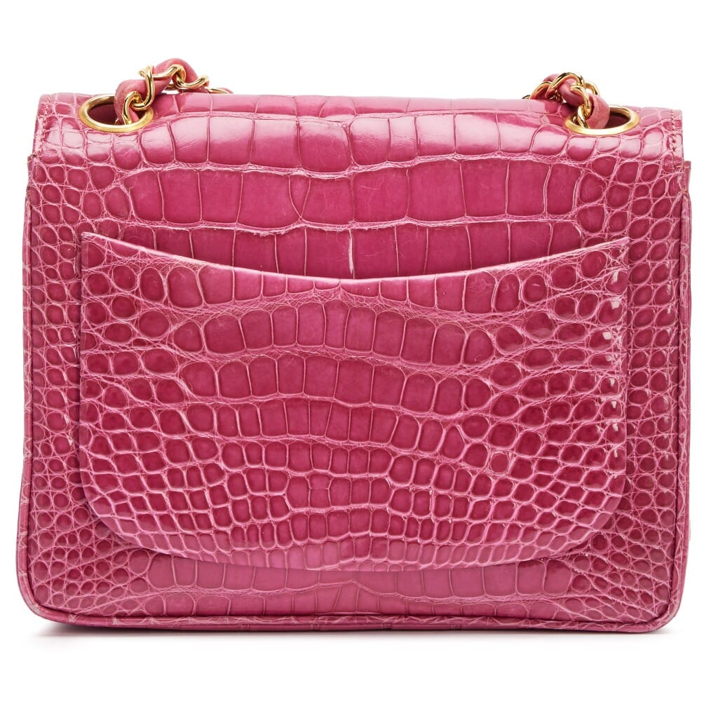 Vintage Berry Pink Shiny Alligator Mini Square Classic Flap Bag Gold Hardware, 1989-1991
