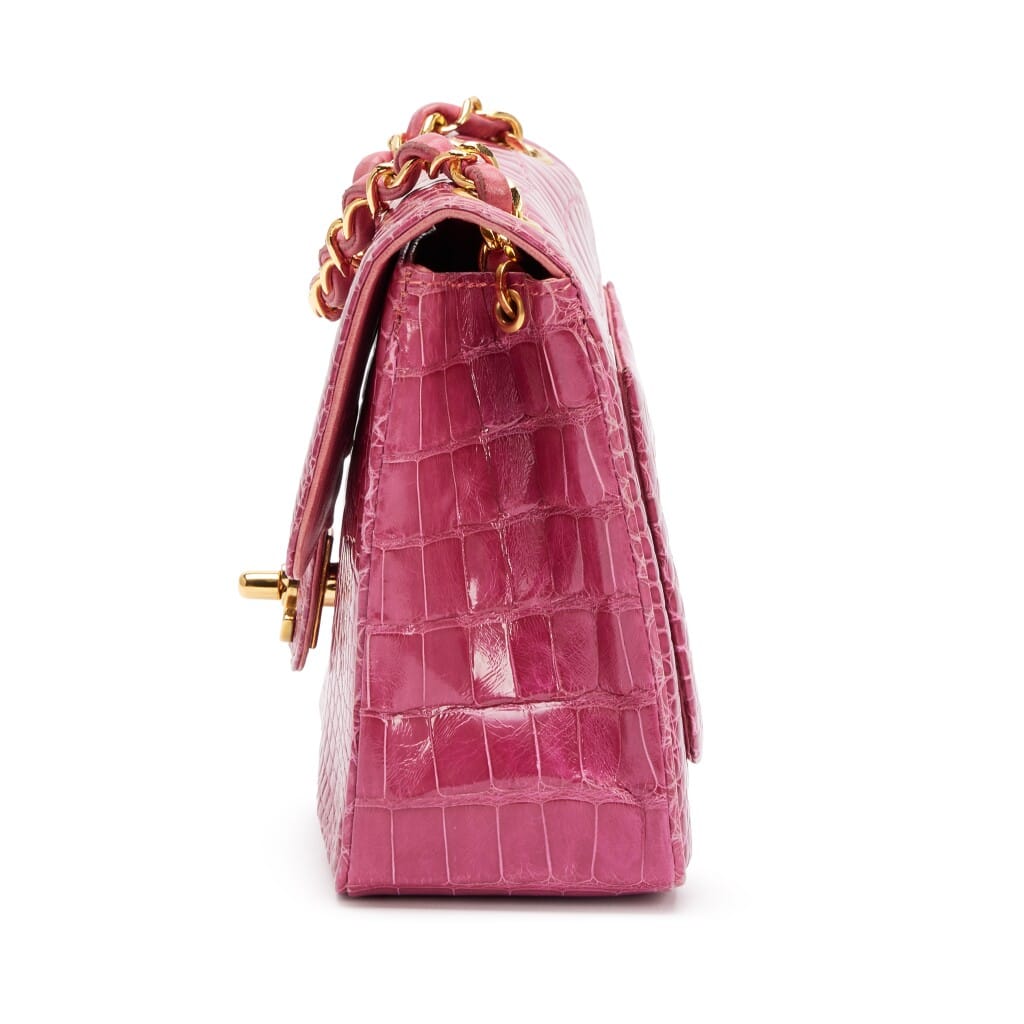 Vintage Berry Pink Shiny Alligator Mini Square Classic Flap Bag Gold Hardware, 1989-1991