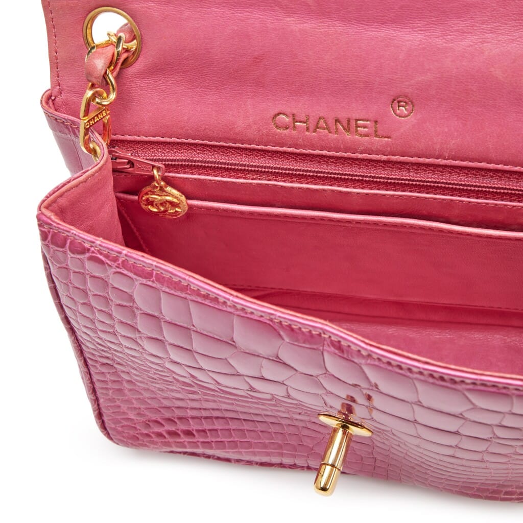 Vintage Berry Pink Shiny Alligator Mini Square Classic Flap Bag Gold Hardware, 1989-1991