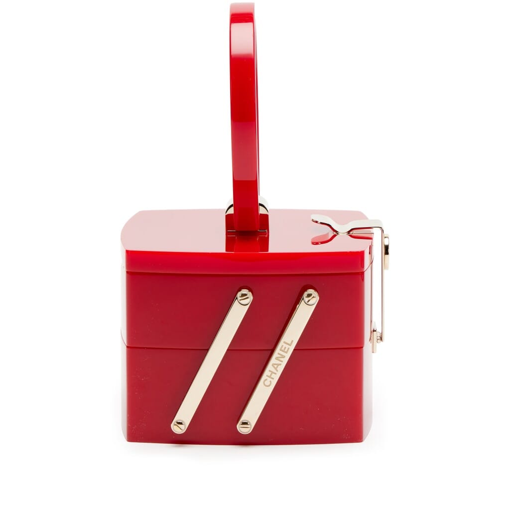 Red Plexiglass Vanity Case Mirror Top Handle Minaudière Gold Hardware, 2017