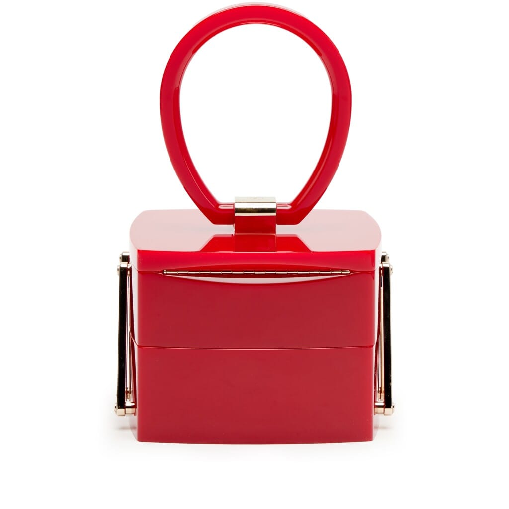 Red Plexiglass Vanity Case Mirror Top Handle Minaudière Gold Hardware, 2017
