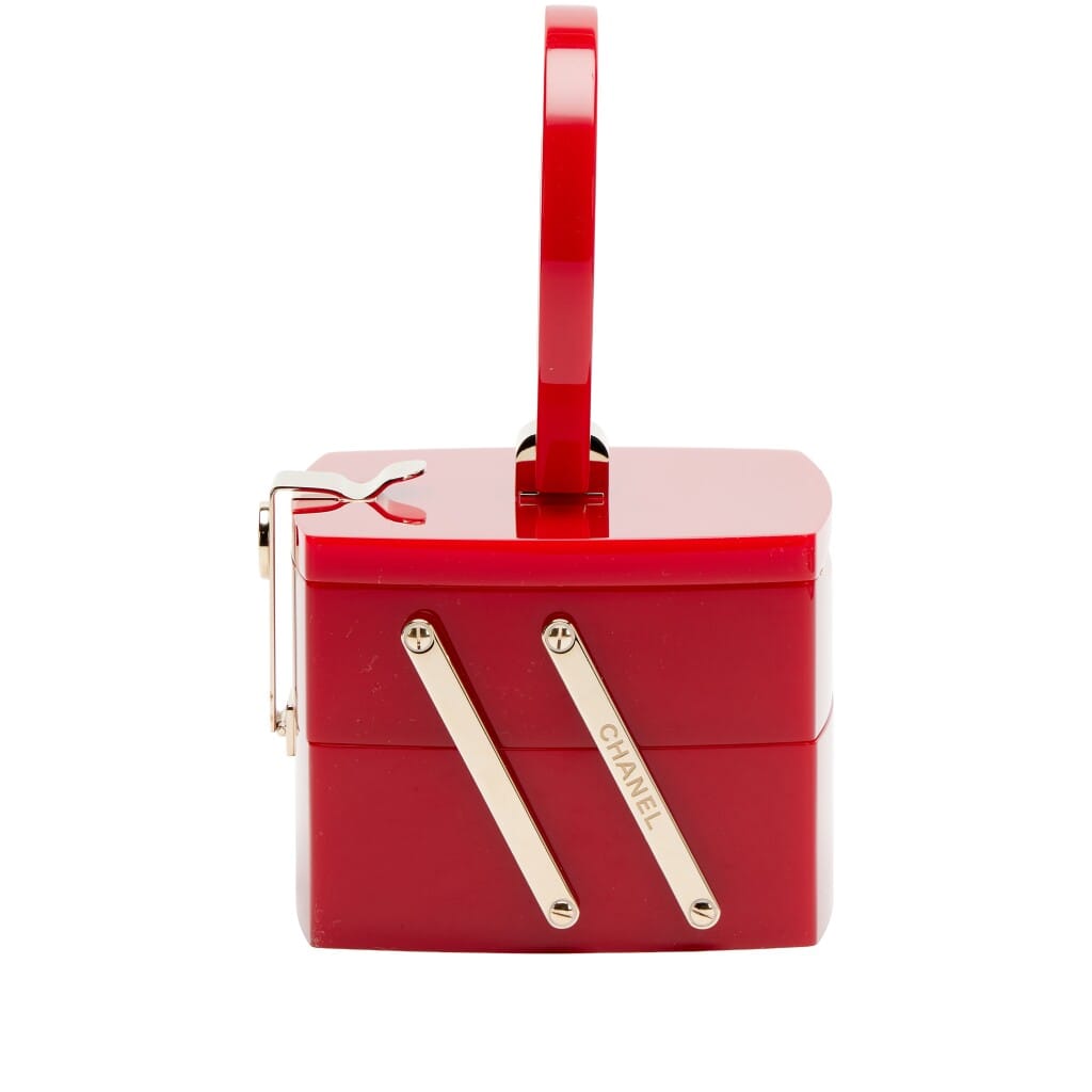 Red Plexiglass Vanity Case Mirror Top Handle Minaudière Gold Hardware, 2017