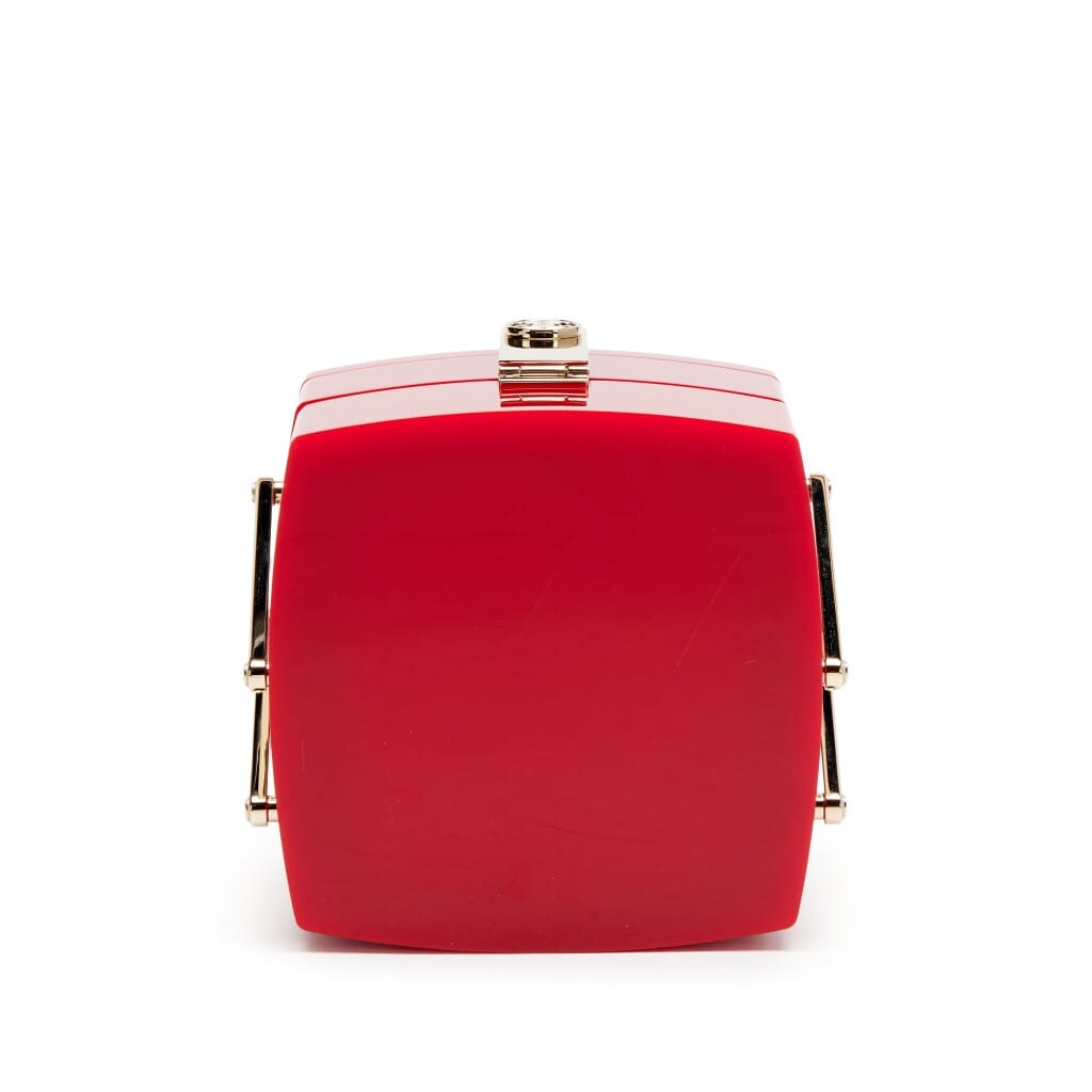 Red Plexiglass Vanity Case Mirror Top Handle Minaudière Gold Hardware, 2017