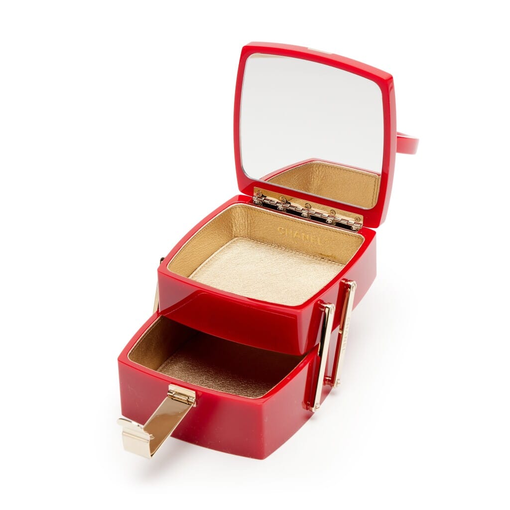 Red Plexiglass Vanity Case Mirror Top Handle Minaudière Gold Hardware, 2017