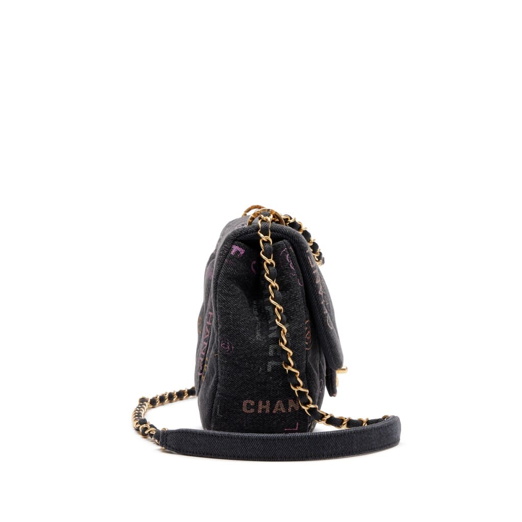 Black Logo Printed Quilted Denim Large Mood Flap Bag Aged Gold Hardware, 2022