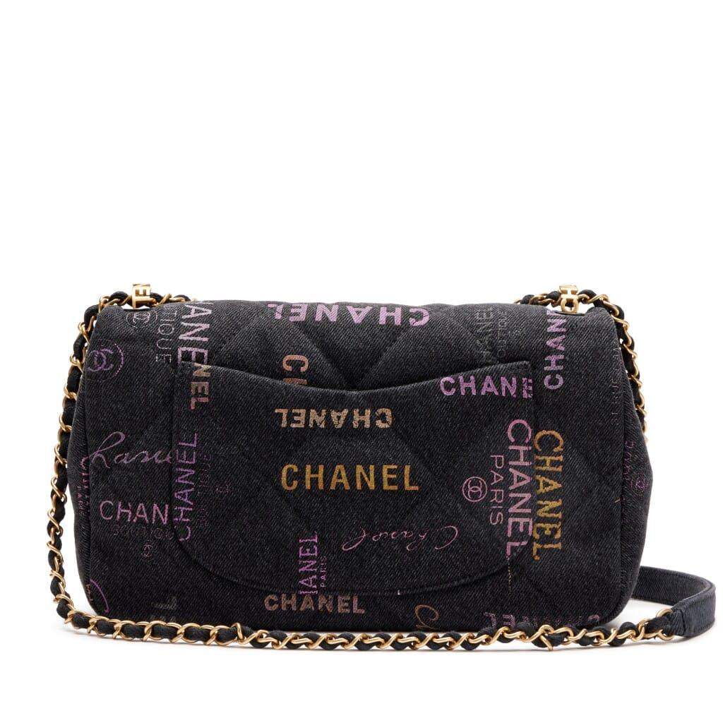 Black Logo Printed Quilted Denim Large Mood Flap Bag Aged Gold Hardware, 2022