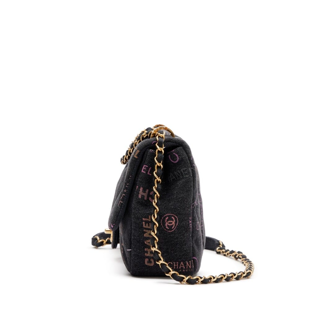 Black Logo Printed Quilted Denim Large Mood Flap Bag Aged Gold Hardware, 2022