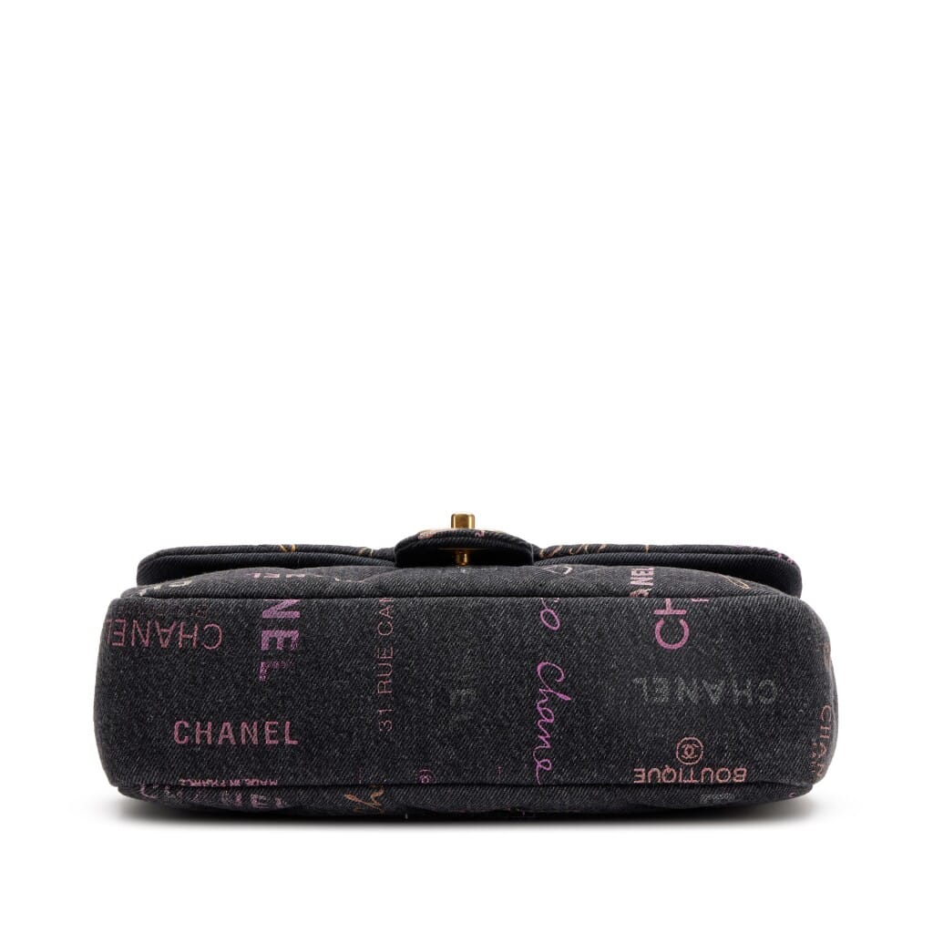 Black Logo Printed Quilted Denim Large Mood Flap Bag Aged Gold Hardware, 2022