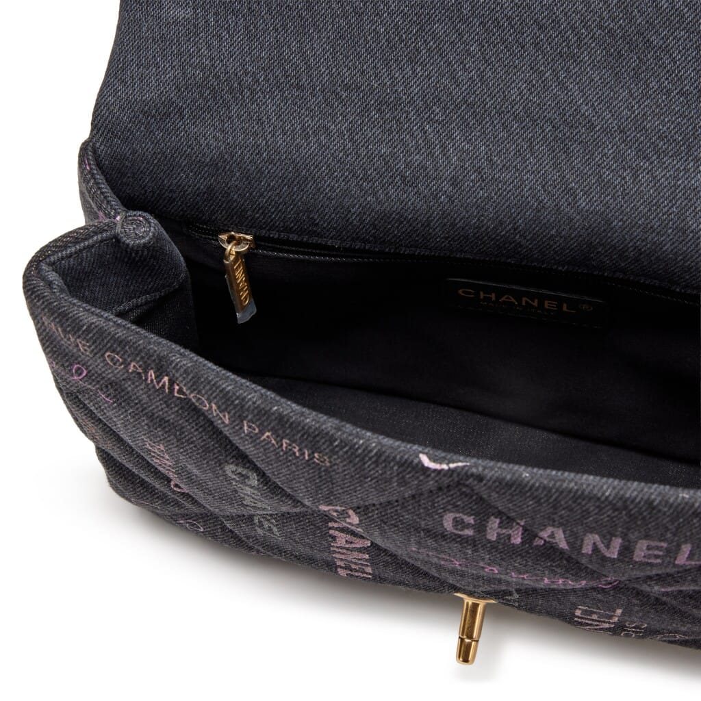 Black Logo Printed Quilted Denim Large Mood Flap Bag Aged Gold Hardware, 2022