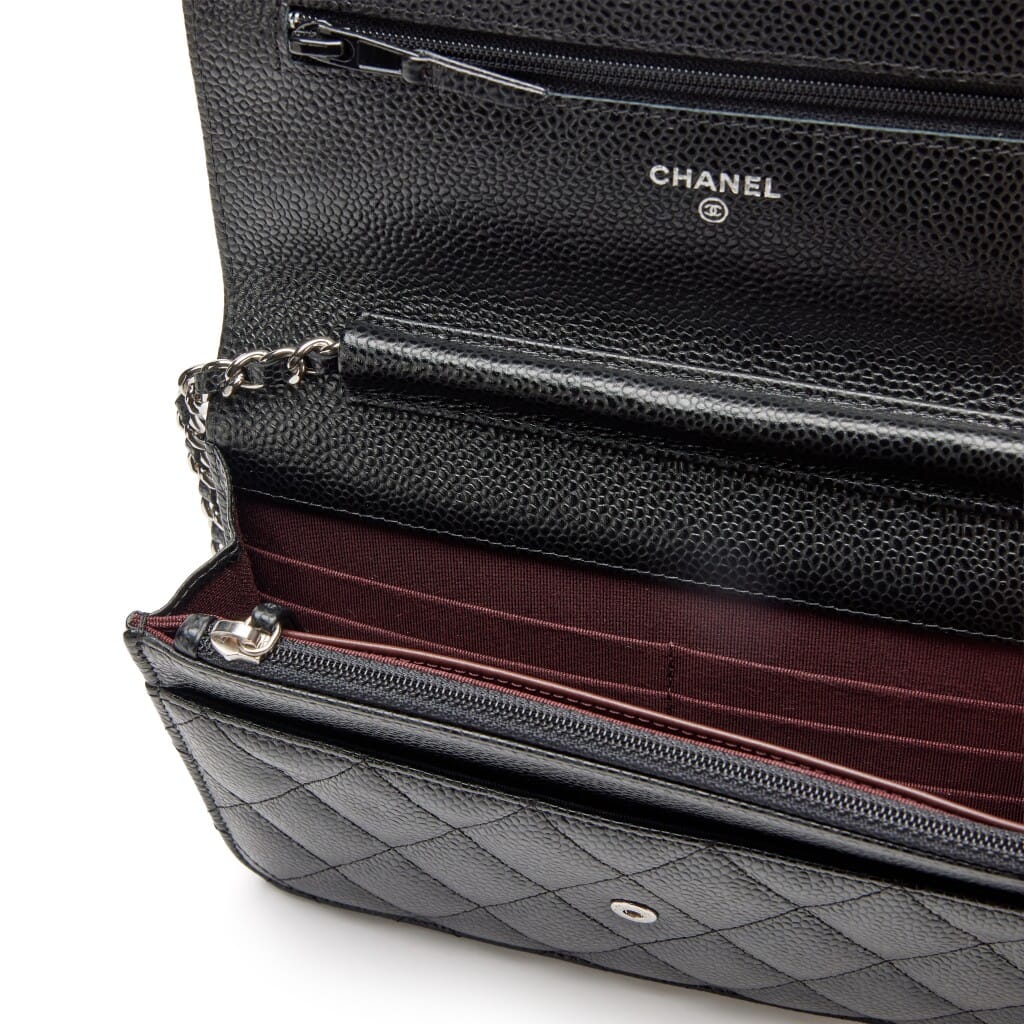 Black Quilted Caviar Classic Wallet On Chain WOC Silver Hardware, 2018-2019