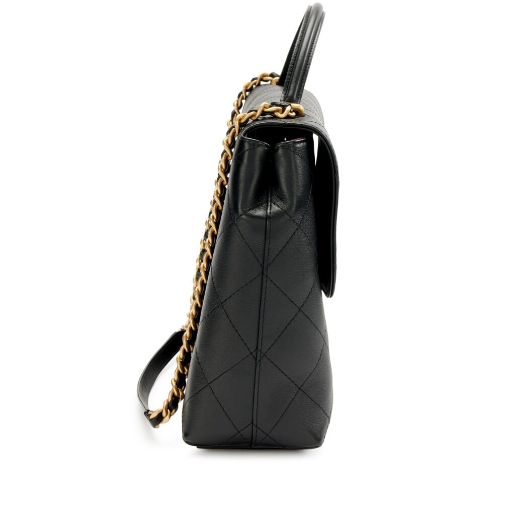 Black Quilted Lambskin Large Jumbo Flap Bag with Top Handle Aged Gold Hardware, 2025