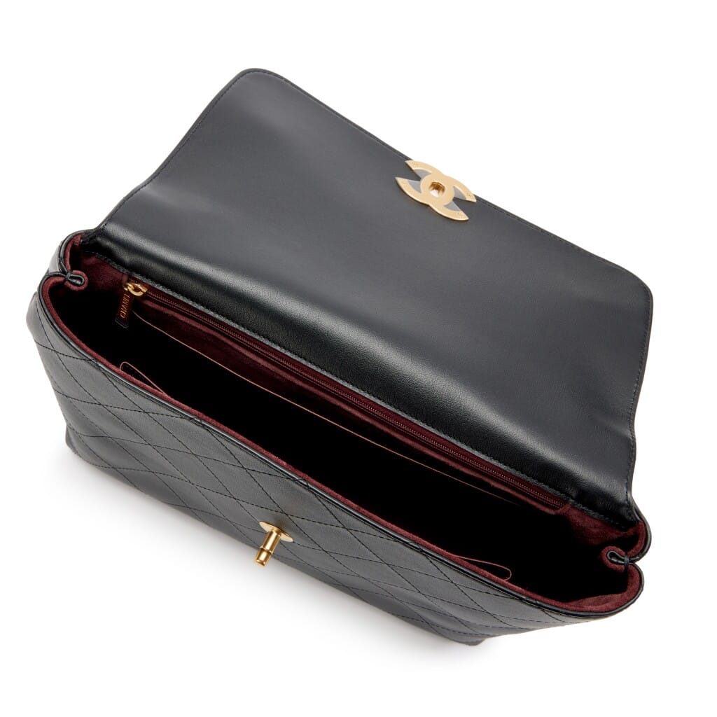 Black Quilted Lambskin Large Jumbo Flap Bag with Top Handle Aged Gold Hardware, 2025