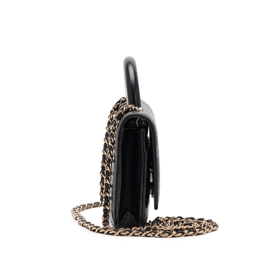 Black Quilted Lambskin CC Logo Top Handle Wallet On Chain WOC Gold Hardware, 2022