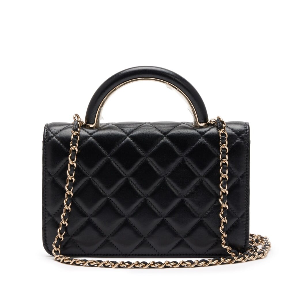 Black Quilted Lambskin CC Logo Top Handle Wallet On Chain WOC Gold Hardware, 2022
