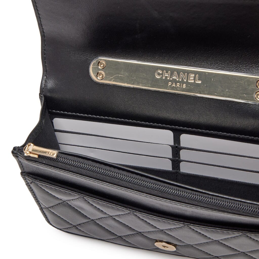 Black Quilted Lambskin CC Logo Top Handle Wallet On Chain WOC Gold Hardware, 2022