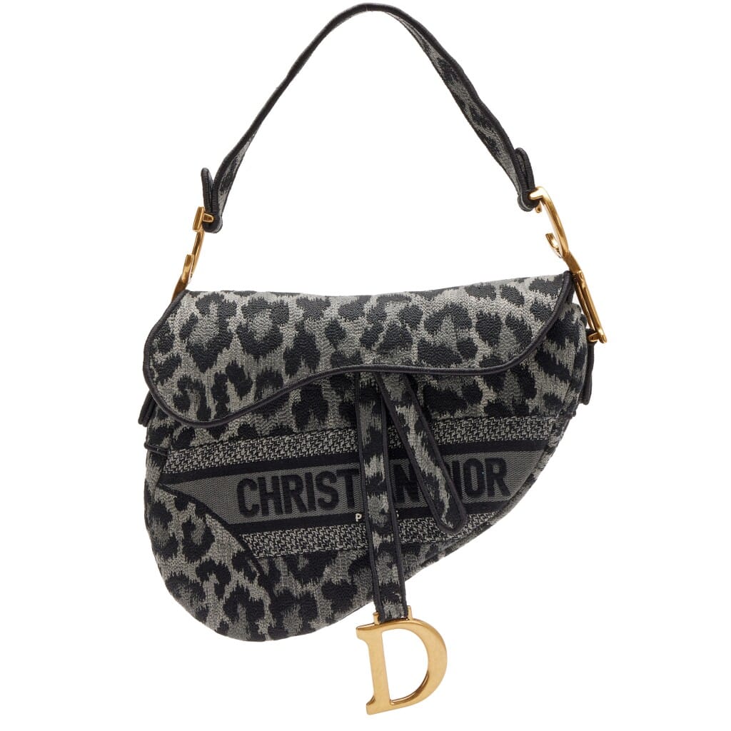 Grey Multicolor Leopard Canvas Mizza Embroidered Saddle Bag Gold Hardware, 2020