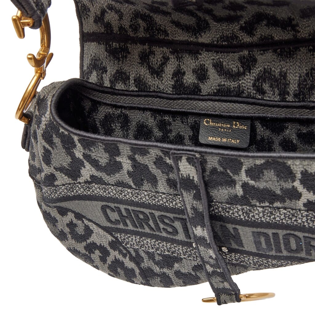 Grey Multicolor Leopard Canvas Mizza Embroidered Saddle Bag Gold Hardware, 2020