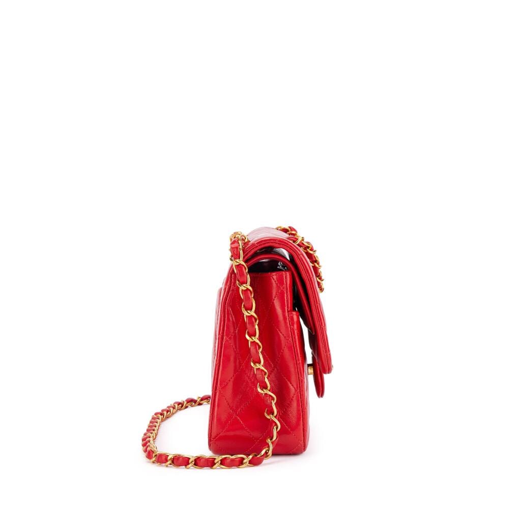 Vintage Red Quilted Lambskin Medium Timeless Classic Double Flap Gold Hardware, 1994-96