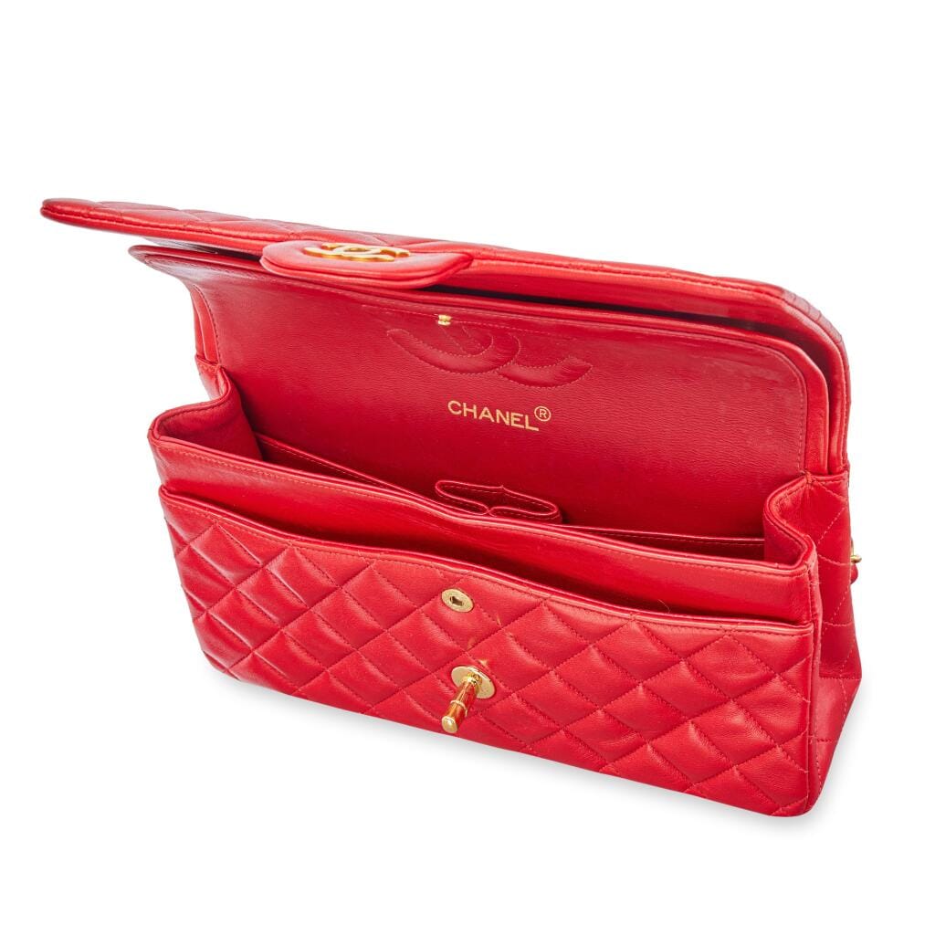 Vintage Red Quilted Lambskin Medium Timeless Classic Double Flap Gold Hardware, 1994-96
