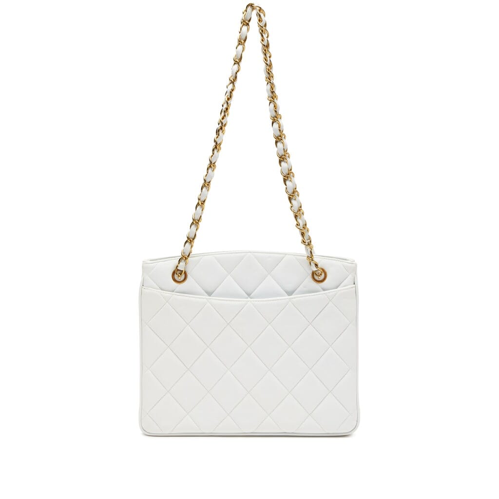 Vintage White Quilted Lambskin CC Turn Lock Open Top Shopper Tote Gold Hardware, 1994-1996