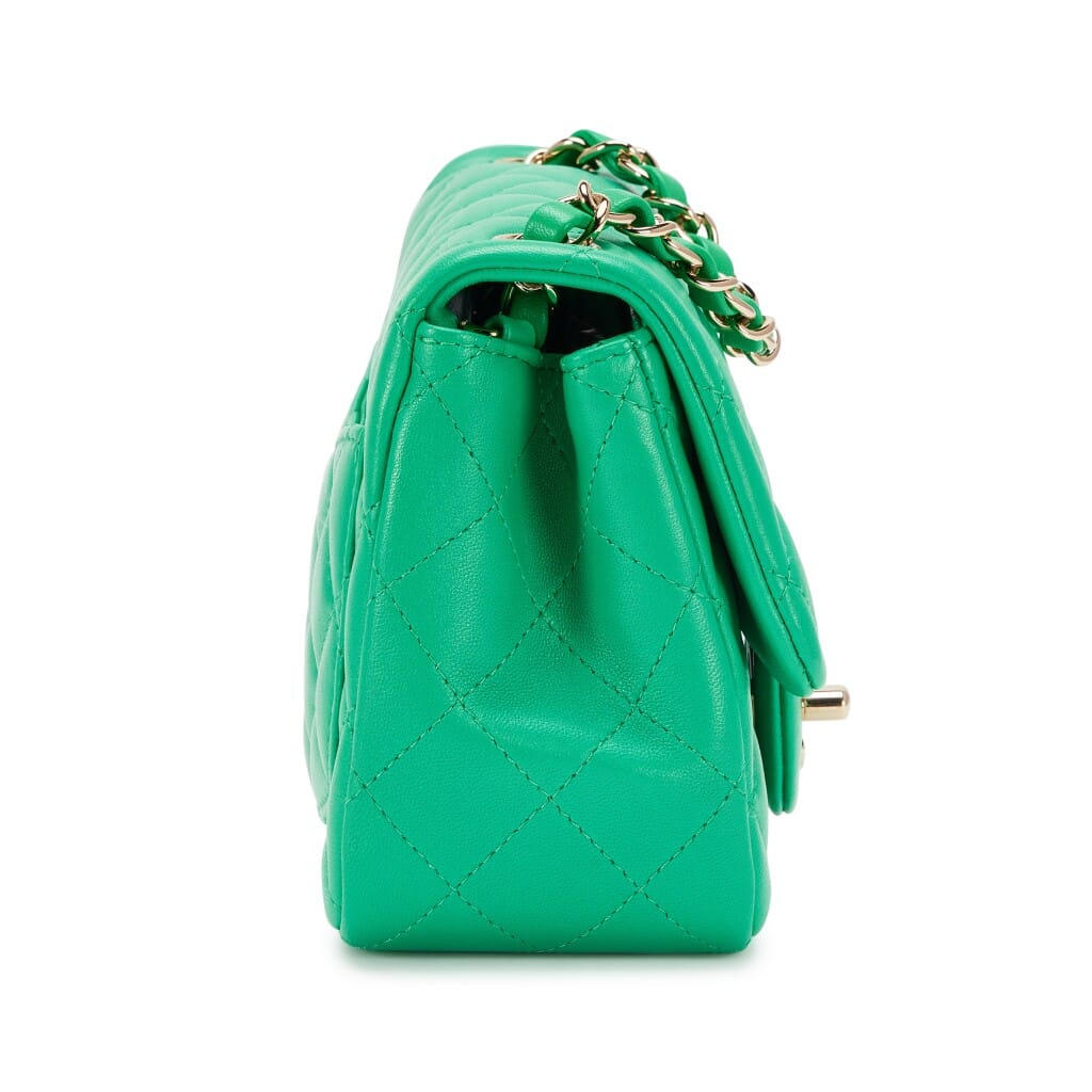 Green Quilted Lambskin Mini Square Classic Single Flap Bag Light Gold Hardware, 2020