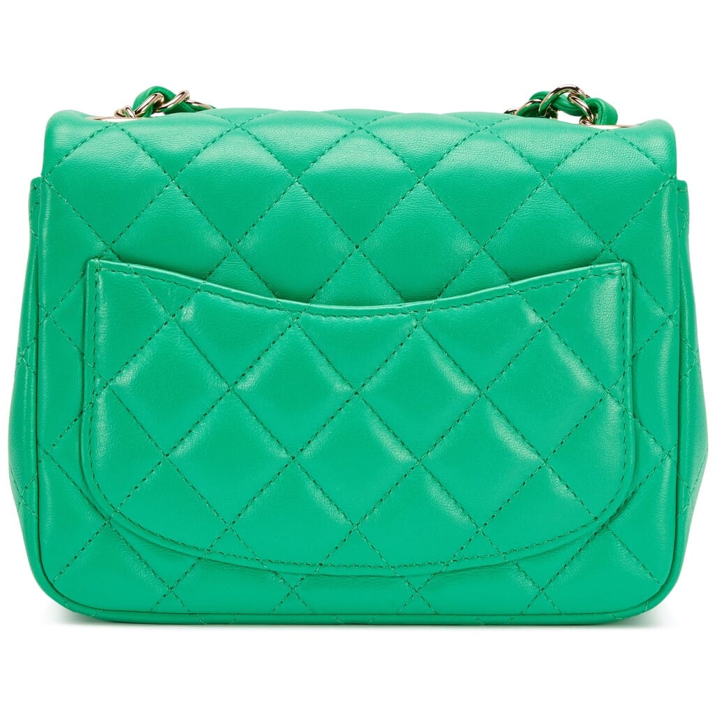 Green Quilted Lambskin Mini Square Classic Single Flap Bag Light Gold Hardware, 2020