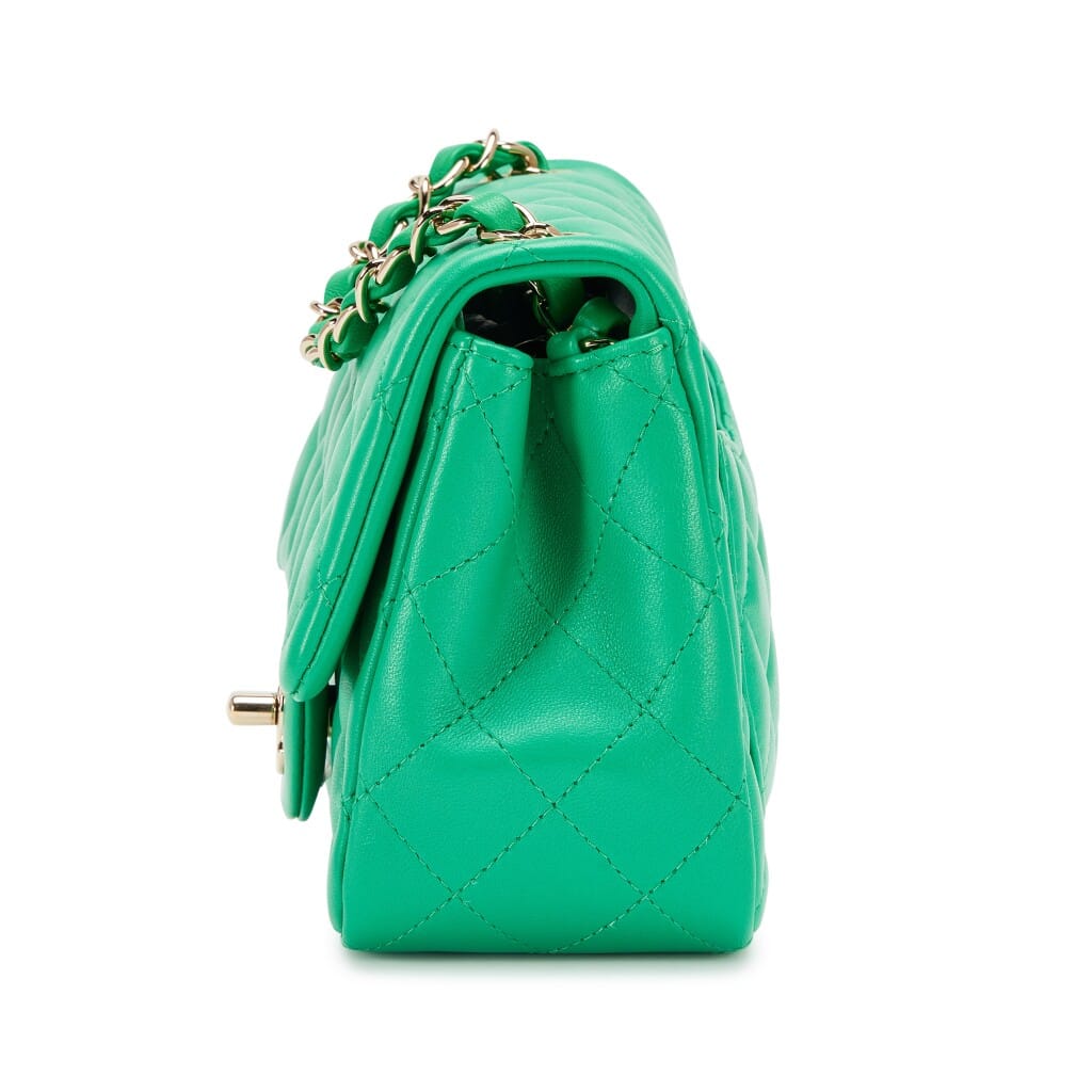 Green Quilted Lambskin Mini Square Classic Single Flap Bag Light Gold Hardware, 2020