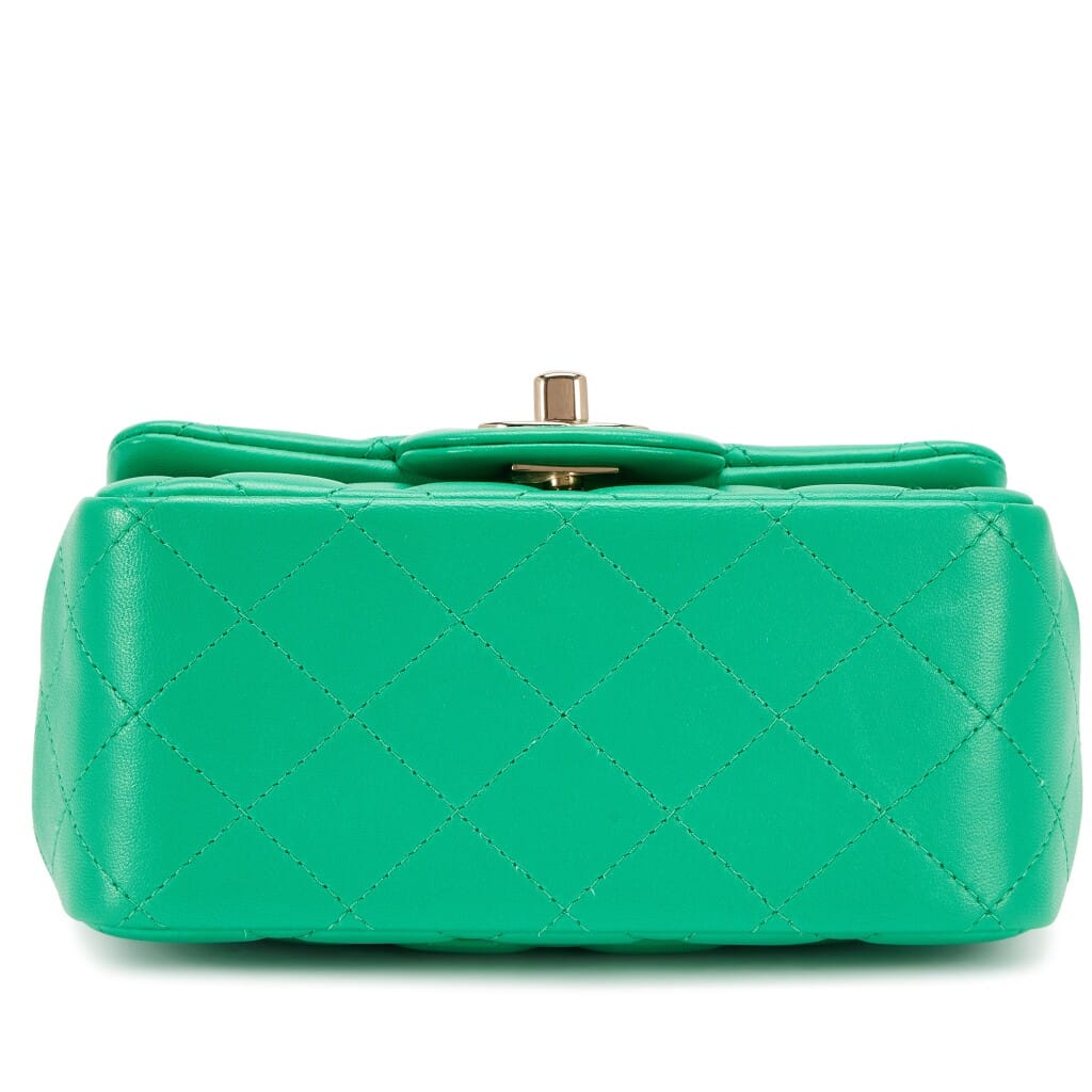 Green Quilted Lambskin Mini Square Classic Single Flap Bag Light Gold Hardware, 2020