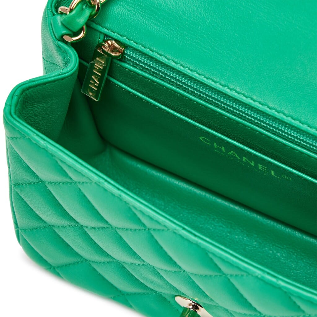 Green Quilted Lambskin Mini Square Classic Single Flap Bag Light Gold Hardware, 2020