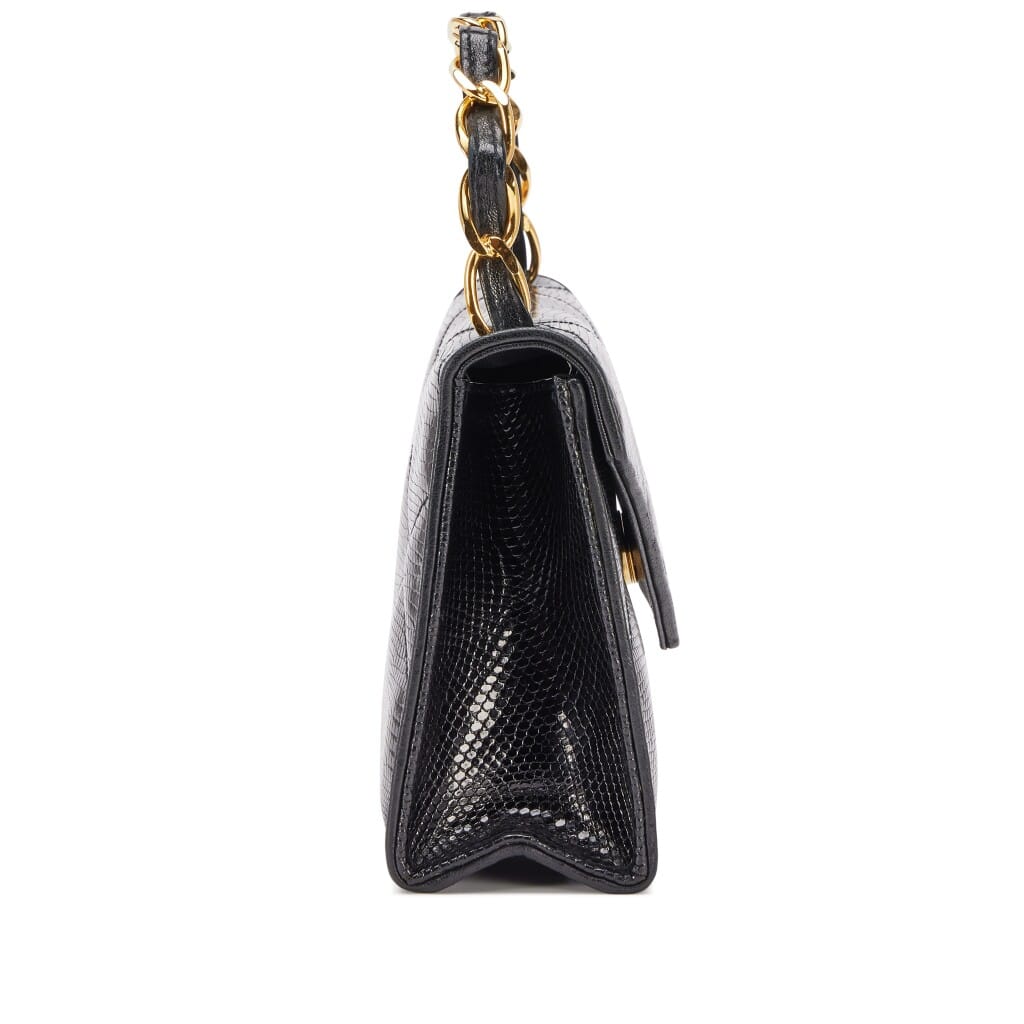 Vintage Black Diamond Quilted Lizard Timeless Envelope Flap Bag Gold Chain Top Handle Gold Hardware, 1986-1988