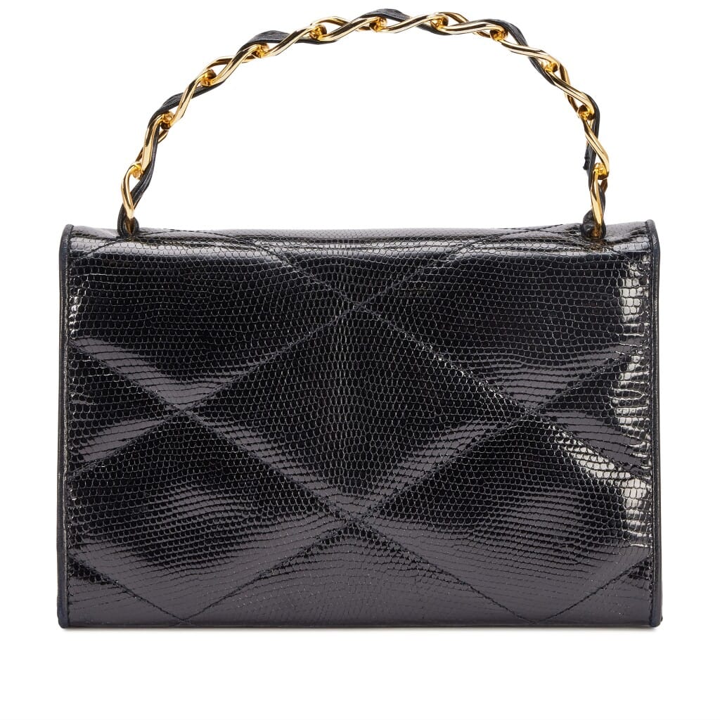 Vintage Black Diamond Quilted Lizard Timeless Envelope Flap Bag Gold Chain Top Handle Gold Hardware, 1986-1988