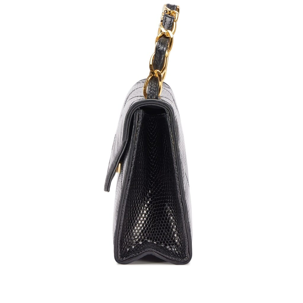 Vintage Black Diamond Quilted Lizard Timeless Envelope Flap Bag Gold Chain Top Handle Gold Hardware, 1986-1988