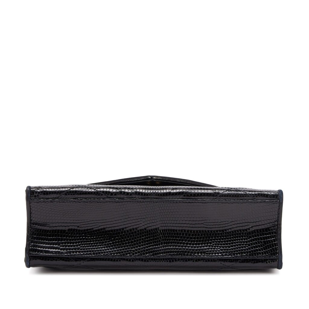 Vintage Black Diamond Quilted Lizard Timeless Envelope Flap Bag Gold Chain Top Handle Gold Hardware, 1986-1988