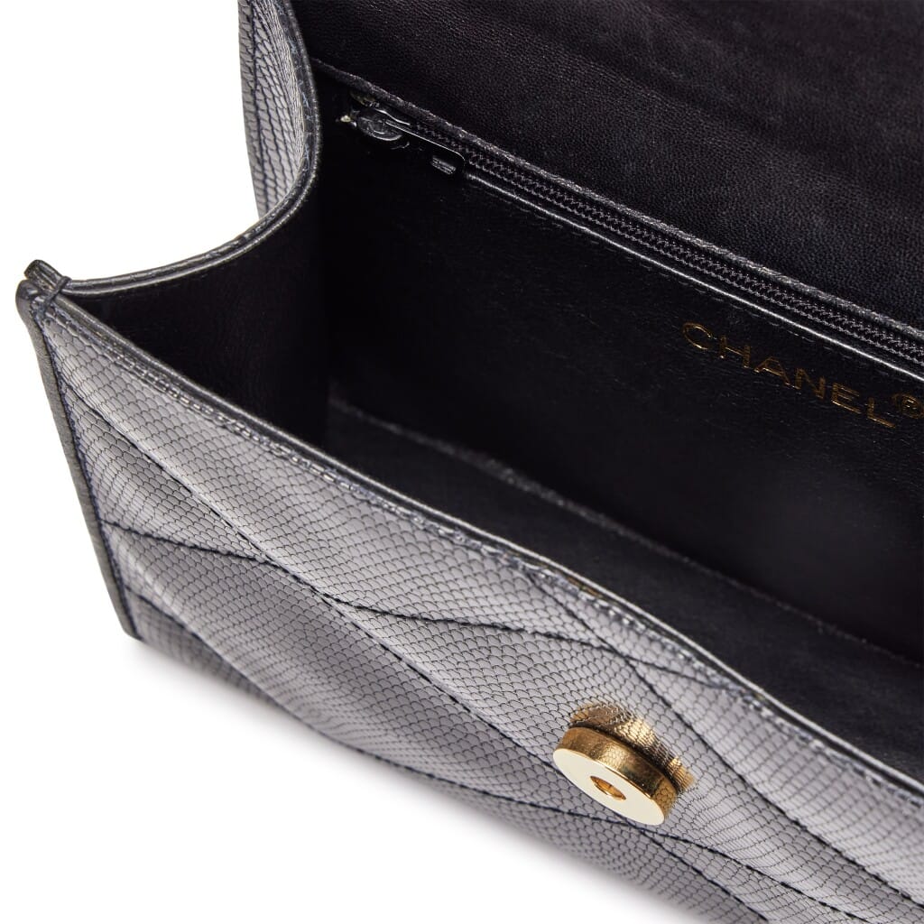 Vintage Black Diamond Quilted Lizard Timeless Envelope Flap Bag Gold Chain Top Handle Gold Hardware, 1986-1988