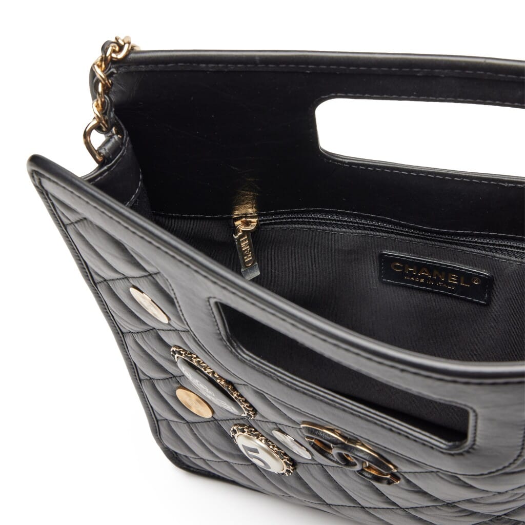 Black Quilted Calfskin Lucky Charms Graphic Catch Cut Out Handle Tote Gold Hardware, 2020