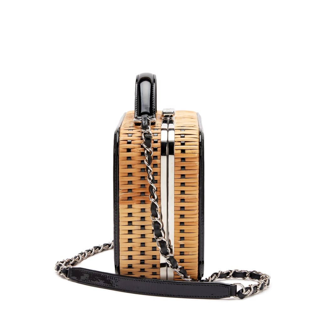 Black Patent Leather and Natural Rattan Wicker CC Filigree Medium Vanity Case Silver Hardware, 2019