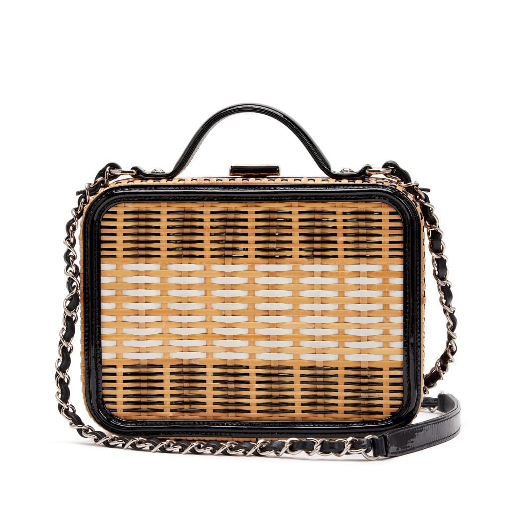 Black Patent Leather and Natural Rattan Wicker CC Filigree Medium Vanity Case Silver Hardware, 2019