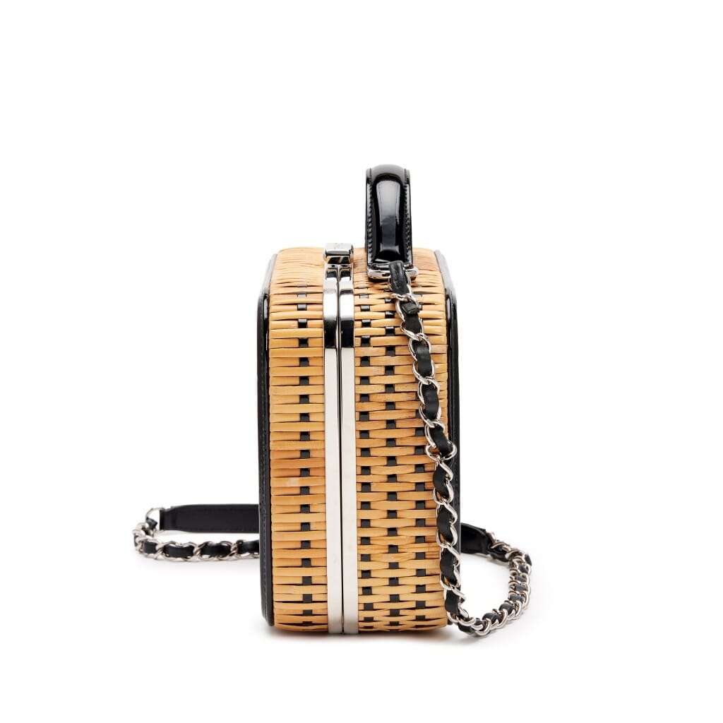 Black Patent Leather and Natural Rattan Wicker CC Filigree Medium Vanity Case Silver Hardware, 2019